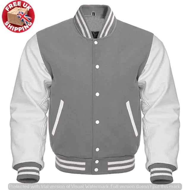 Letterman Baseball Bomber varsity Jacket Gray Wool & White Leather Sleeves