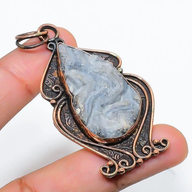 Desert Rose Druzy Gemstone Handmade Ethnic Copper Jewelry Pendant 2.76"