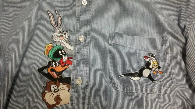 Looney Tunes Denim Shirt Unisex XL Embroidered Button Up Lng Sleeve vintage 90's