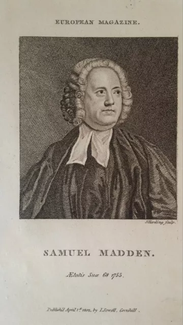 1802 Antique Stipple Engraving - Samuel Madden - Irish Author