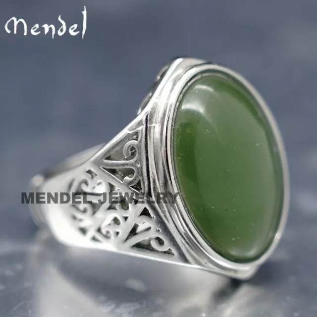 MENDEL Mens Sterling Silver Natural Real Green Jade Stone Ring For Men Size 8-11