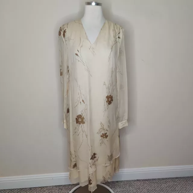 Perry Ellis Vintage Silk Chiffon Floral Dress 10 Womens Flowy Sheer Sleeve Midi