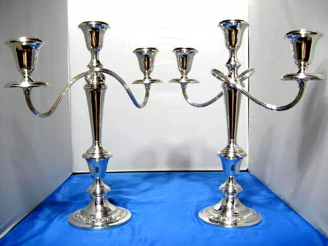 Gorham Sterling Silver Candelabra Pair 13 1/4" Tall by Strasbourg  3-Light #1130