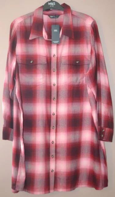 Ladies M&S Longline Checked Shirt /  Short Dress Size 20 Petite Red Mix - Bnwt