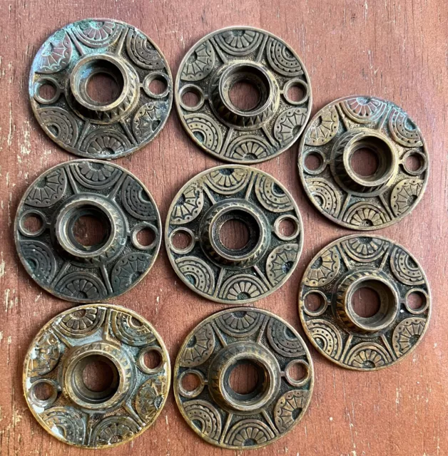 Antique Brass Door Knob Rosettes Victorian Eastlake Hardware Lot of 8 Matching