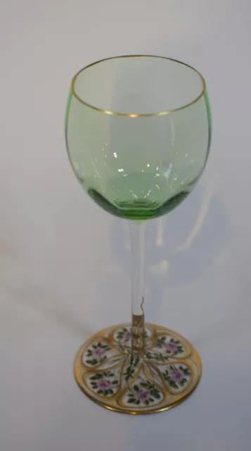 Moser Wine Green Goblet w/Hand Painted Base - Circa 1930 3