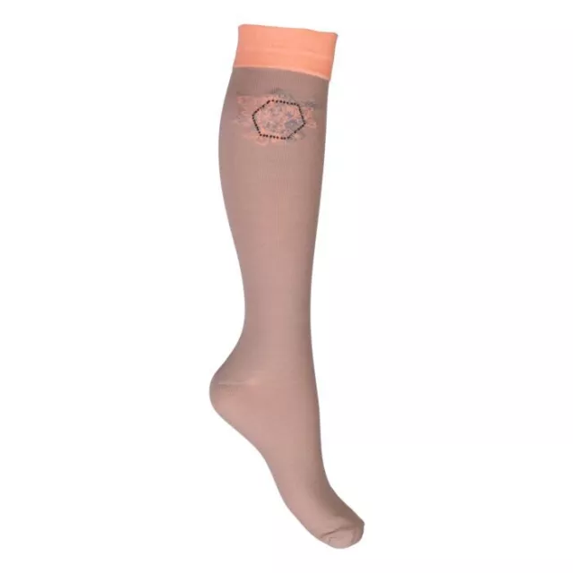 HKM Savona Riding Socks - Taupe with Apricot Cuff and Black Crystals