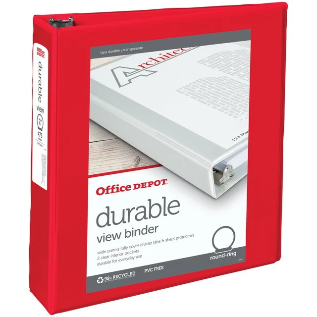 Office Depot Brand Durable View 2" Round-Ring Binder, Red