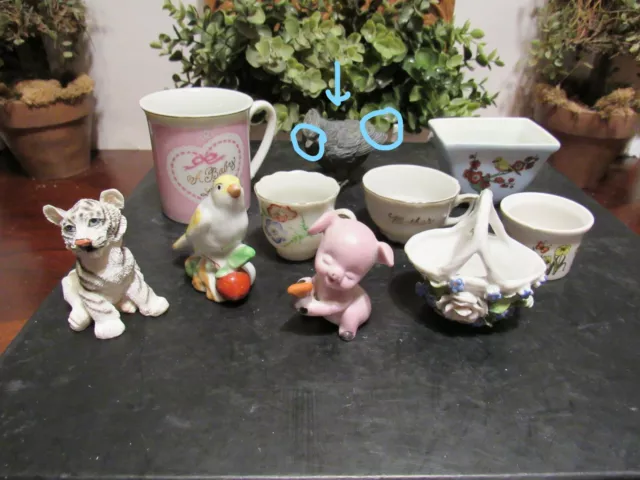 Vintage 10 Porcelain or Composite Lot Elfinware Baskets Cups Figurines Birds Pot