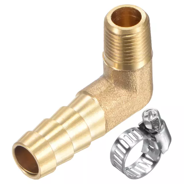 1 Set 3/8" x 1/8NPT Male Thread Brass Hose Barb Fitting Elbow with Hose Clamp