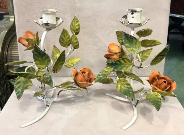 Vintage Italian Tole Metal Peach Roses Green Leaves Matching Pair Candle Holders