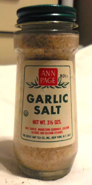 1 Ann Page Garlic Salt Glass Jar A& P 3 1/2 Ozs Advertising New York NY VTG