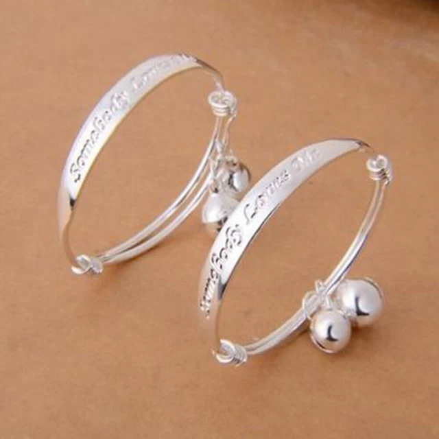 Pair of Baby Girl Bangle Christening Birthday Bracelet 925 Silver-plated w/Bell.