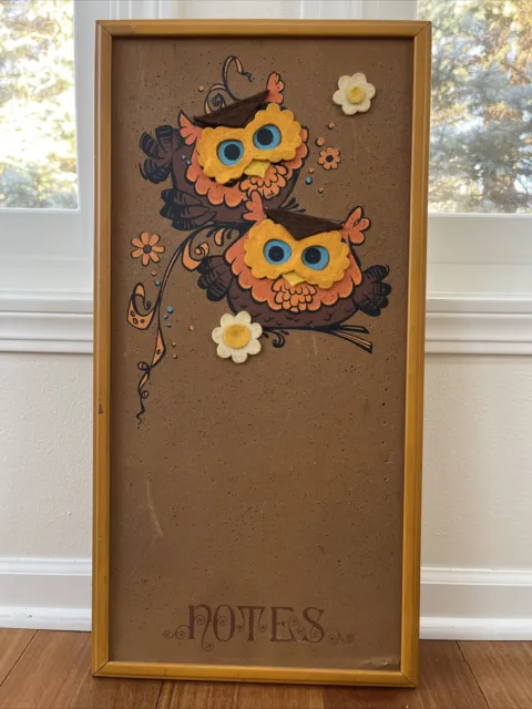 Vintage Wooden Framed Felt Owls Cork Noteboard Bulletin Message Board