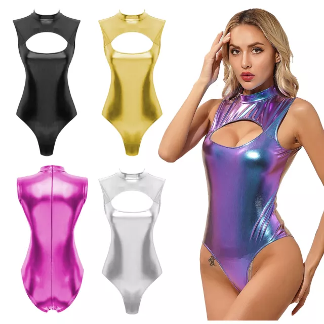 Women's Metallic Leather Leotard Bodysuit Turtleneck Sleeveless Catsuit Clubwear