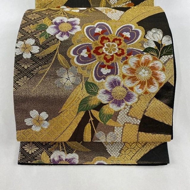 Woman Japanese Kimono Fukuro-obi Silk CherryBlossom Genjiguruma Gold Foil Black