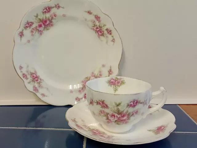 Vintage Tea Set 4 x Fine China Cup Saucer Plate Pink Flowers Tea Party VGC