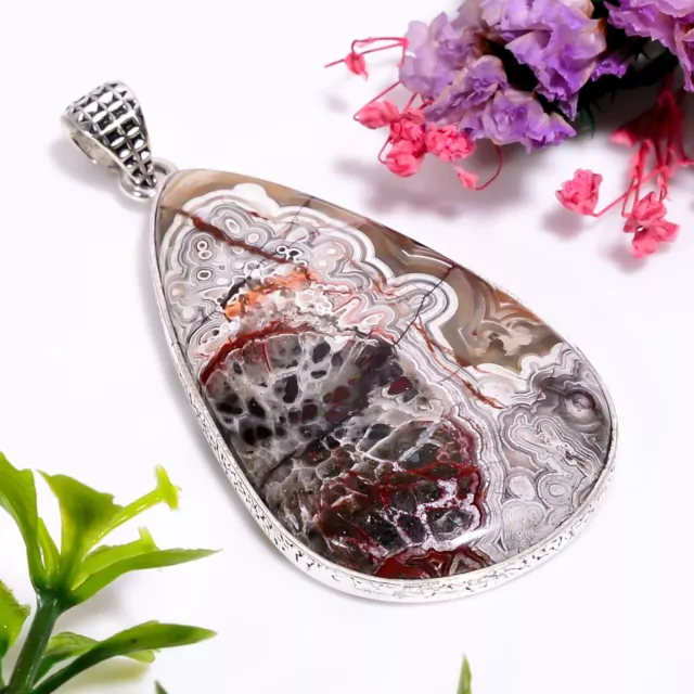 Crazy Lace Agate Gemstone Ethnic Handmade 925 Silver Plated Pendant 2.1" GSR8335