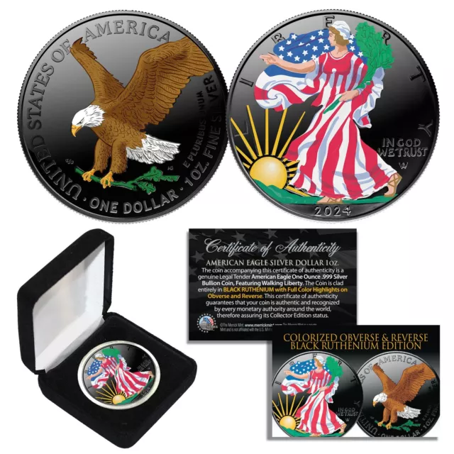 BLACK RUTHENIUM & COLORIZED 2-Sided 1 Troy Oz .999 2024 Silver Eagle Coin w/Box