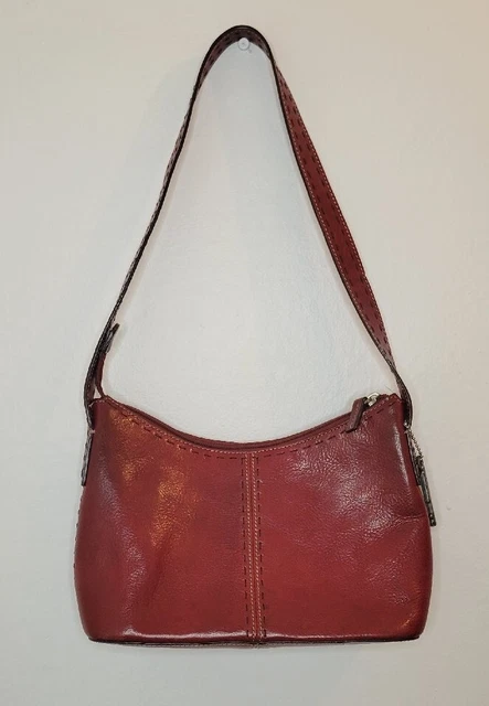 Vintage Fossil Leather Shoulder Bag Red Ivory Black Stitch Zip Closure 1990s