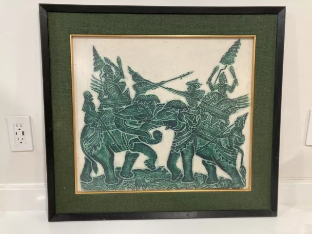 VTG STONE RUBBING THAI TEMPLE ART RICE PAPER CHARCOAL Green  EMBOSSED ELEPHANTS