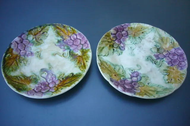 Two Pink Plates  French Majolica  By Orchies 1900 Bunch Of Grapes In Relief