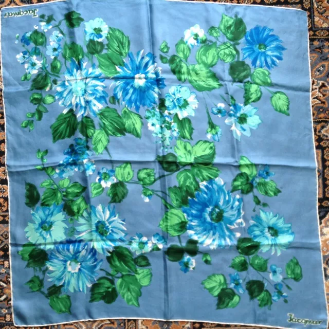 Vintage 1950’s Jacqmar silk twill floral themed scarf, green/blue