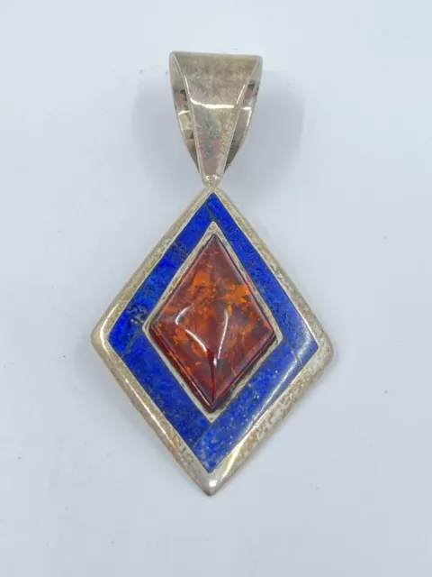 Jay King Sterling Silver Lapis & Amber Pendant 2.5” 13.6g