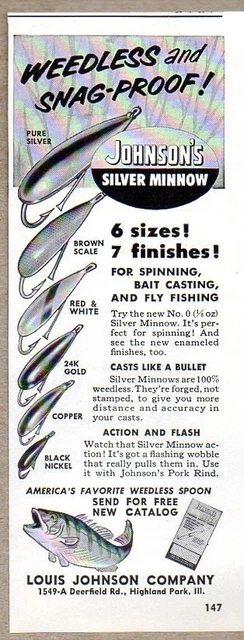 1956 Print Ad Johnson's Silver Minnow Fishing Lures 6 Types Highland Park,IL