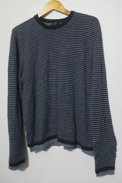 Vince Striped Double Layer Merino Wool Sweater Black Gray Mens Size XL