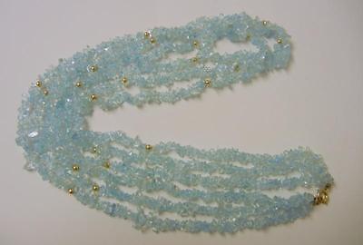 Vintage 14 k Gold Beaded BLUE SEA APATITE 3 STRAND INDIA NECKLACE HAND Made