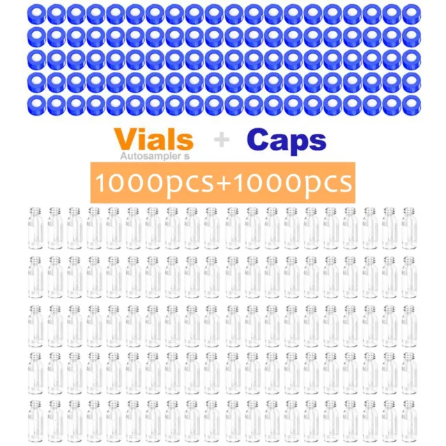 1000pcs 2ml Autosampler Vials+Caps Clear Glass Bottles HPLC Fits Agilent Beckman