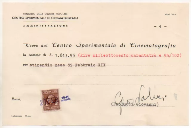 autografo GIOVANNI PAOLUCCI regista docente di montaggio su ricevuta C.S.C. 1941