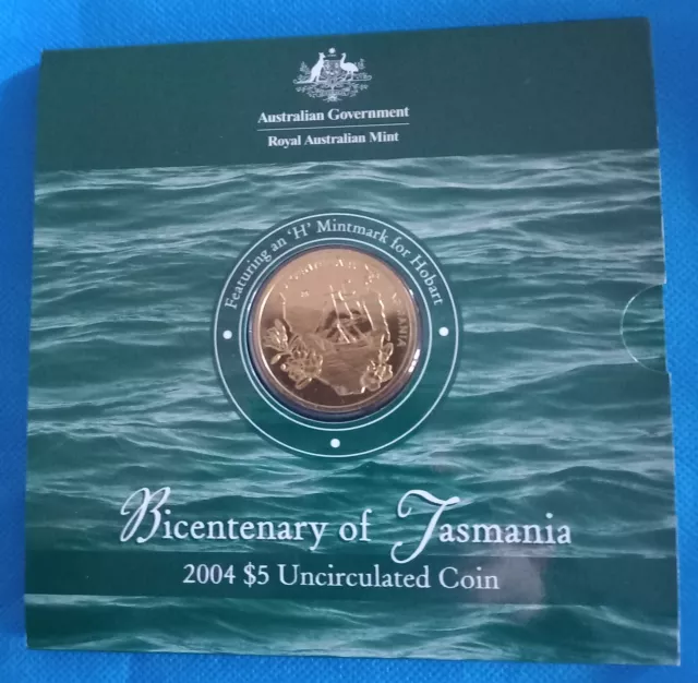 2004 $5 Uncirc Coin Bicentenary Of Tasmania Folder Feat 'H' Mark For Hobart