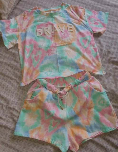 Lovely Girls Next Multi Tie Dye Brave Logo T-Shirt Top & Shorts Set Age 11 Years