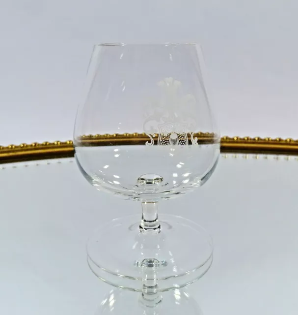 Weinbrand Cognac Glas Schwenker H 9,5 cm mit Wappen Werbung Kristallglas