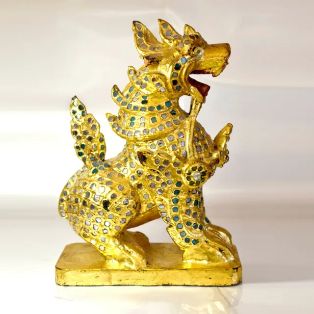Early 20thC Burmese Gilt Wood Guardian Lion /Foo Dog "Chinthe" -Thayo Decoration 2