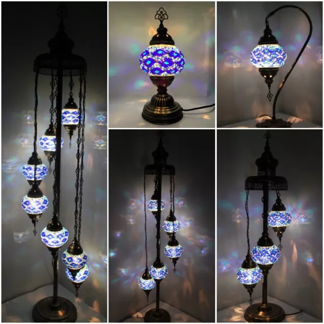 Turkish Moroccan Glass Mosaic Table Desk Floor Lamp in Blue Colour - FREE BULBS