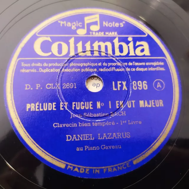 12" 78 RPM - DANIEL LAZARUS (Piano) - BACH Prélude Rarer FRENCH COLUMBIA LFX.896