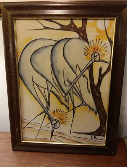 Original signed artwork depicting herons/cranes/long-legged birds, 12x16" framed