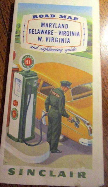 Sinclair 1950s foldout color road map Maryland-Del-Virginia-WV sightseeing guide