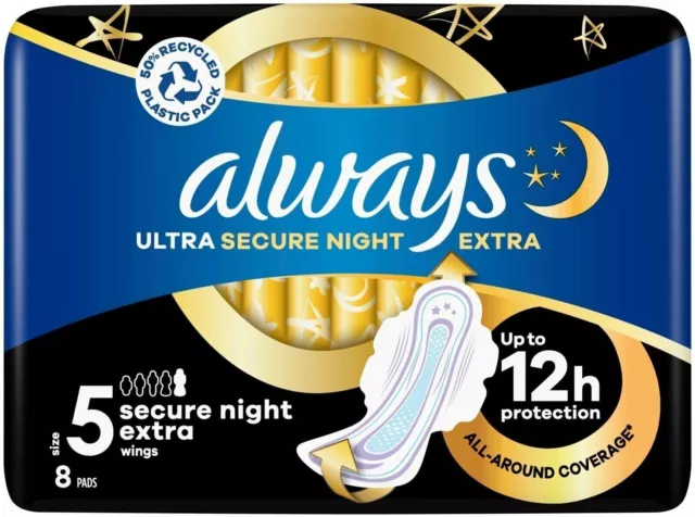 8 x Always Ultra Sanitärhandtuchpolster sicher trockene Nacht extra mit Flügeln, Größe 5