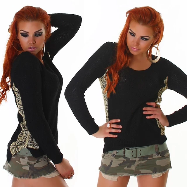 Maglione Donna Elegante Nero Oversize Pullover Maglia Manica Lunga Elegante per