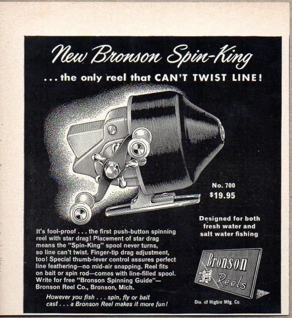 1956 Print Ad Bronson Spin-King No. 700 Fishing Reels Made in Bronson,MI