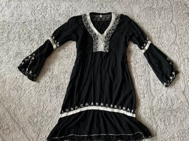 Boho Black Dress Womens Size Small A-Line Embroidered Long Sleeve Bell Sleeve