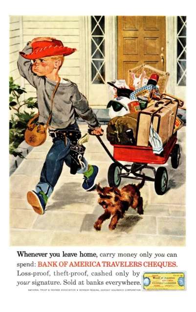 PRINT AD 1945 Bank of America Travelers Cheques Boy Terrier Puppy Wagon