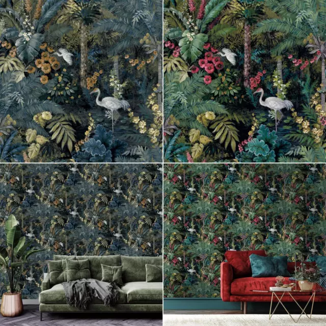 Holden Jungle Paradise Wallpaper Crane Birds Palm Trees Tropical - Choose Colour