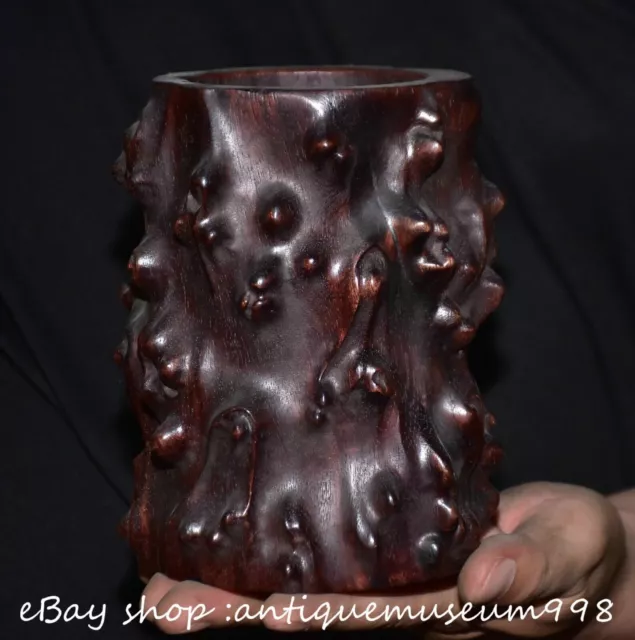 6" Old Chinese Ebony wood Tree root Carved Dynasty Brush pot Pen container