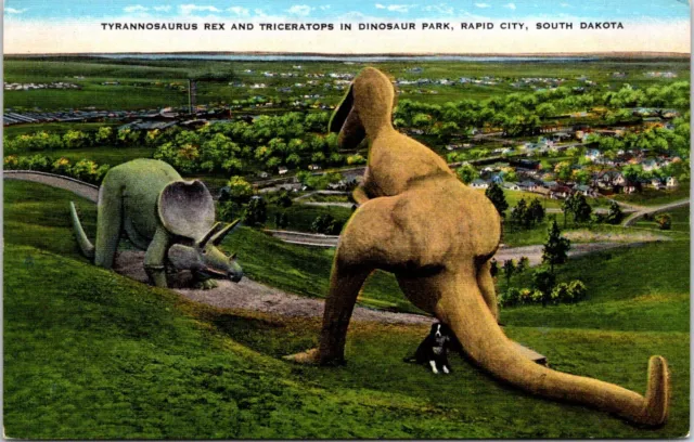 Postcard 1945 Dinosaur Park Rapid City T Rex Triceratops Dog South Dakota B18