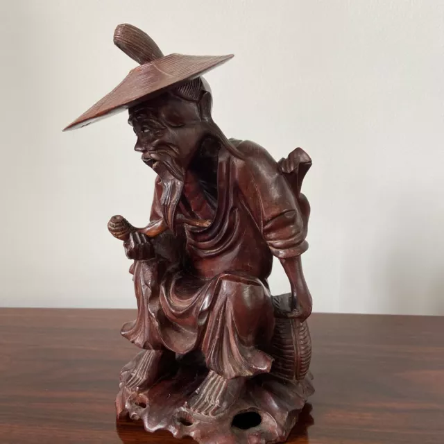 Chinese Rosewood Carved "trader, Smoking Pipe Antique Figure, Glass Eyes